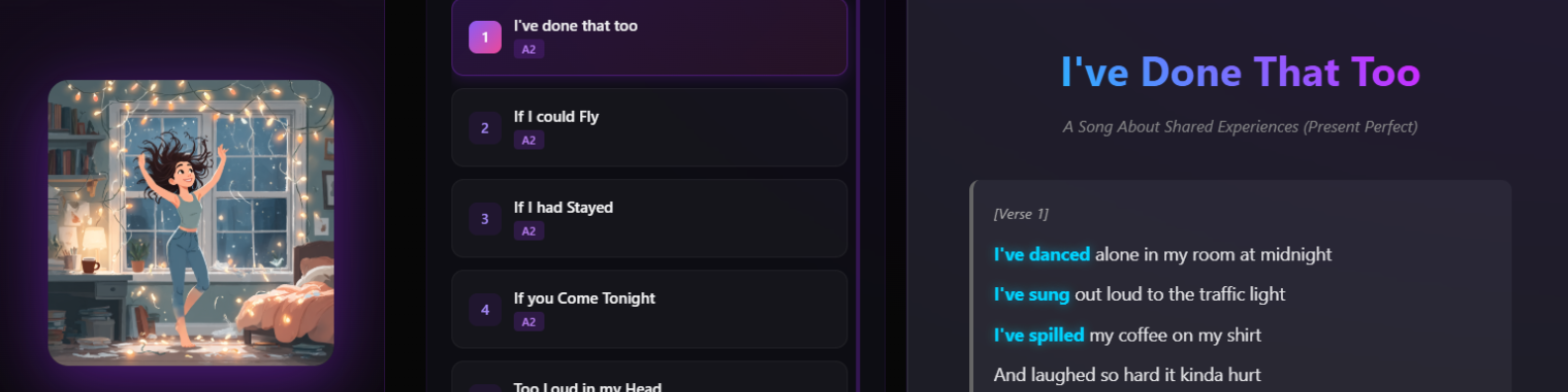 Song lesson page with music player and lyrics