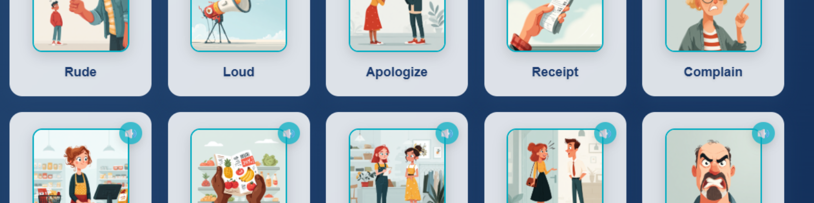 Interactive flashcard grid with images and audio